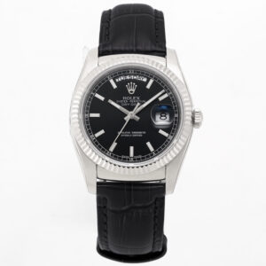 Day-Date 40 Black Dial in White Gold on Leather Strap