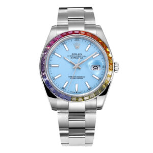 Datejust 41 Tiffany Blue Dial Stick Markers with Rainbow Diamond Bezel in Steel on Oyster Bracelet