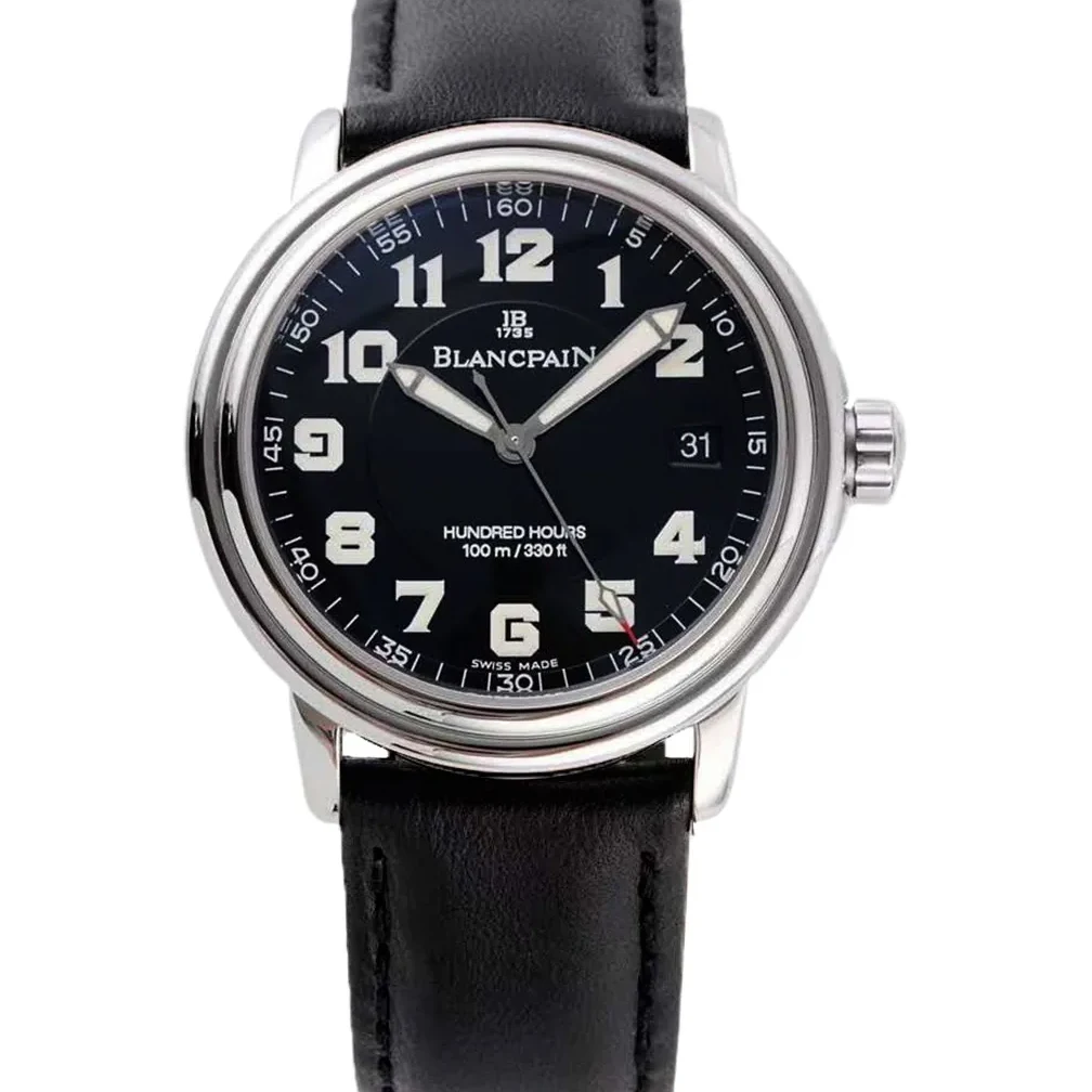 Hundred Hours Black Dial in Steel on Black Leather Strap