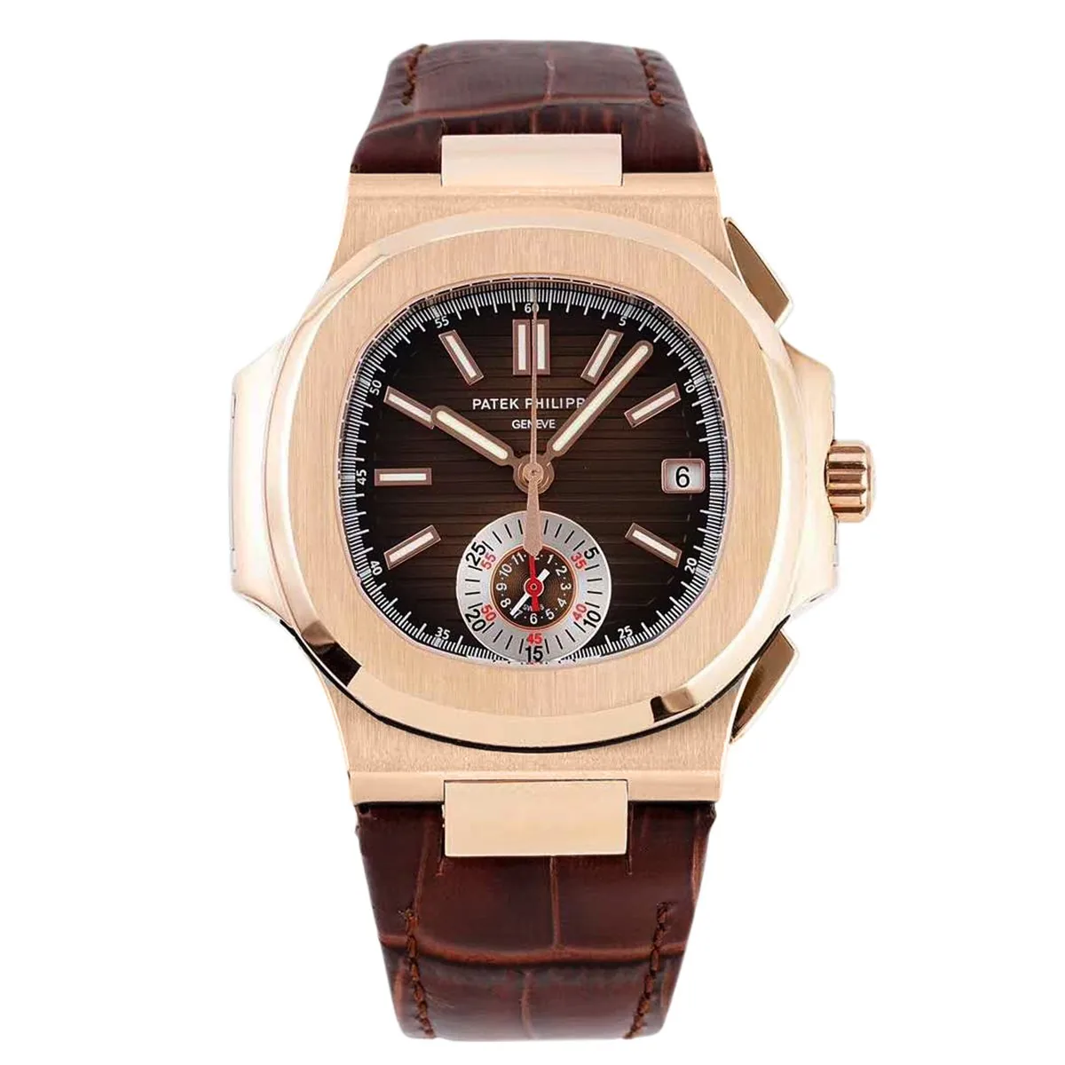 Nautilus Chronograph 5980/R-001 in Roségold am braunen Lederarmband