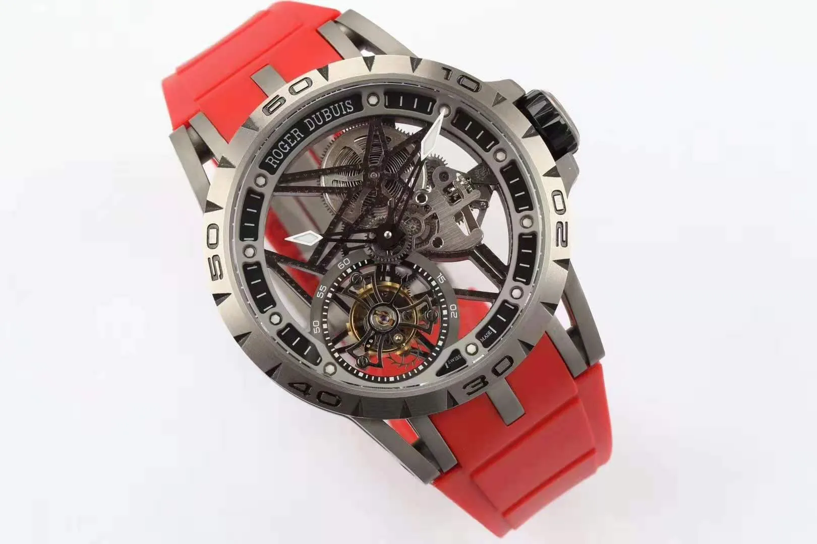 Excalibur Spider squelette tourbillon volant avec bracelet en caoutchouc rouge – Image 8