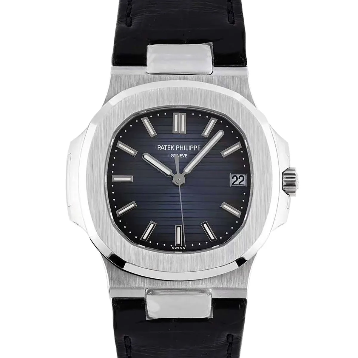 Nautilus Jumbo 5711 blaues Zifferblatt in Stahl mit schwarzem Lederarmband