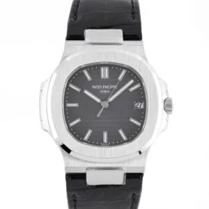 Nautilus Jumbo 5711 graues Zifferblatt in Stahl mit schwarzem Lederarmband