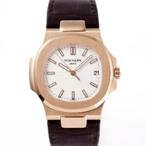 Nautilus Jumbo 5711 weißes Zifferblatt in Roségold mit braunem Lederarmband