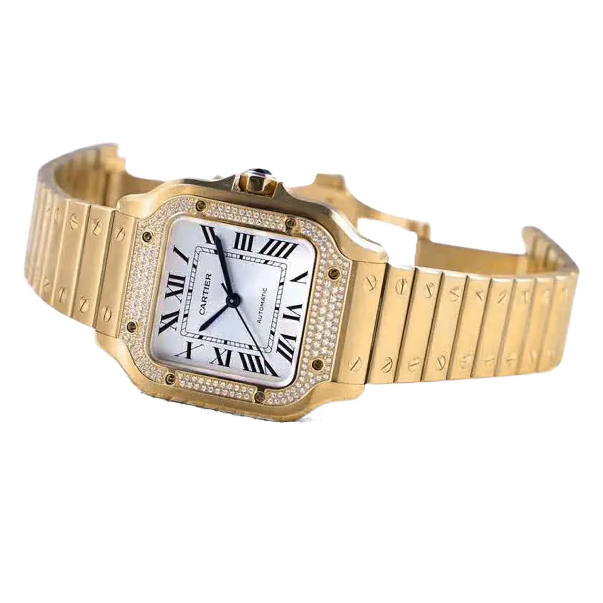 Santos de Cartier weißes Zifferblatt mit Diamantlünette in Gelbgold – Bild 2