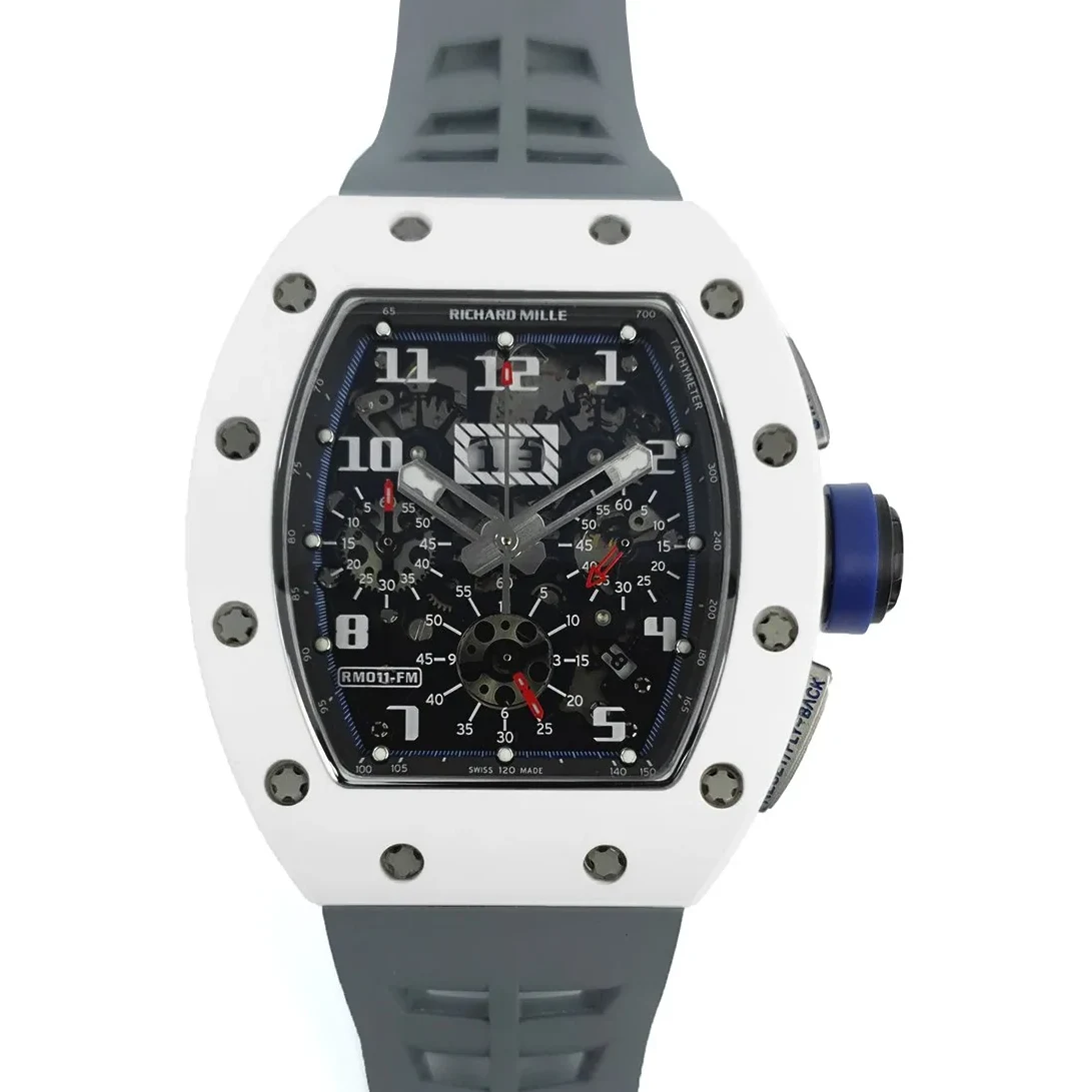 RM 011 Saint Tropez Polo Club White ATZ Ceramic and Titanium on Grey Rubber Strap