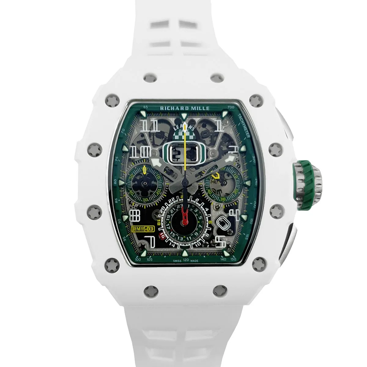 RM 011-02 Le Mans Classic chronographe vert sur bracelet en caoutchouc blanc