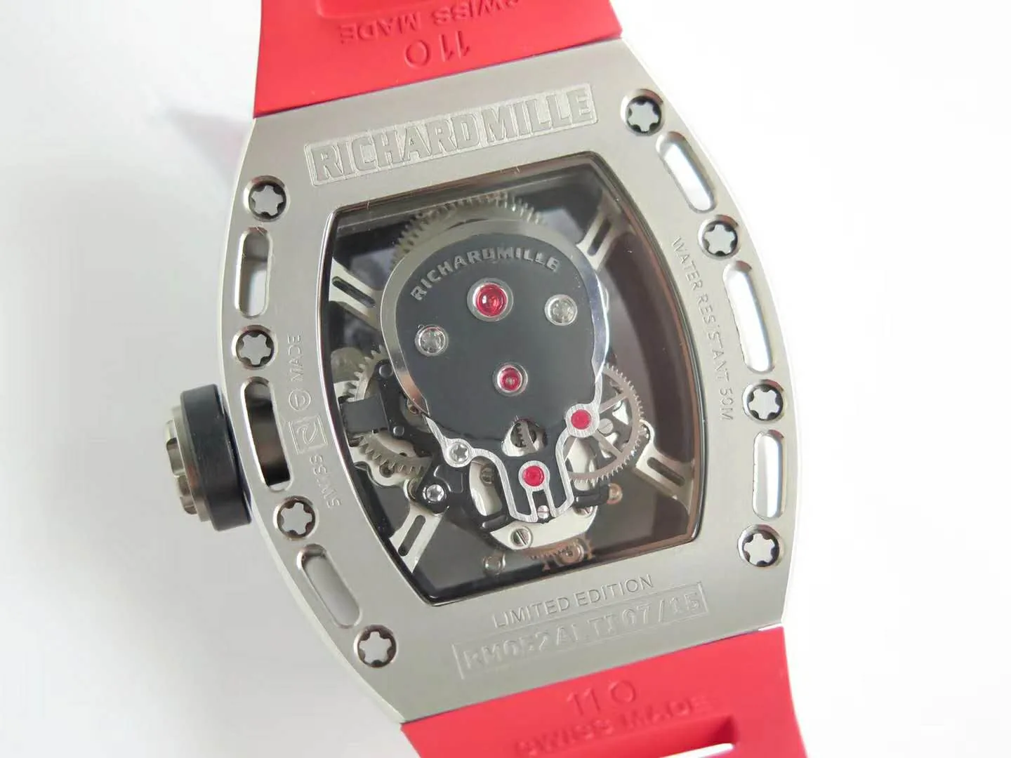 RM 052-01 Tourbillon Skull in titanio su cinturino in gomma rosso - immagine 8