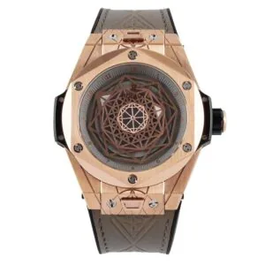 Big Bang Unico Sang Bleu en or rose sur bracelet en cuir marron