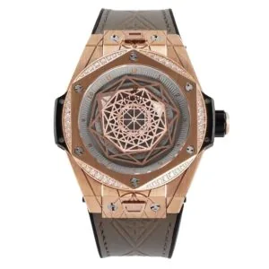 Big Bang Unico Sang Bleu in oro rosa con lunetta con diamanti su cinturino in pelle marrone