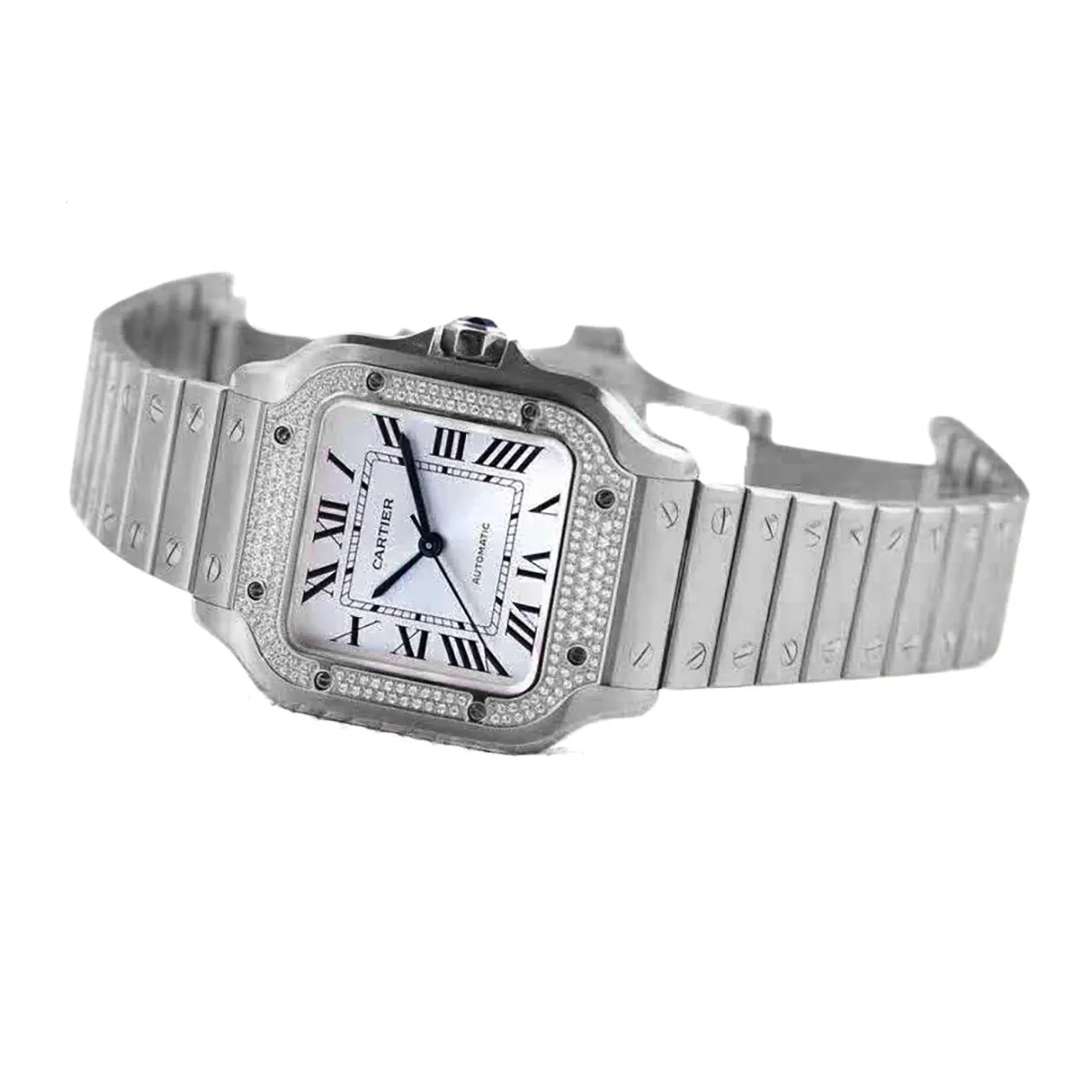 Santos de Cartier cadran blanc lunette diamants en acier – Image 2