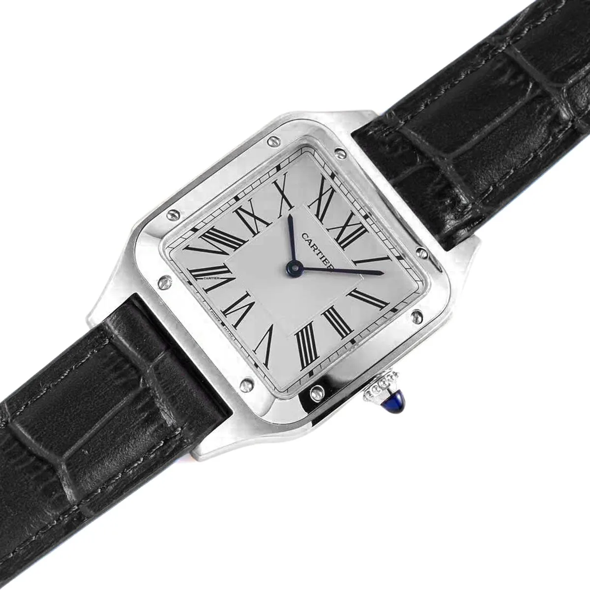 Santos-Dumont weißes Zifferblatt in Stahl am schwarzen Lederarmband – Bild 2