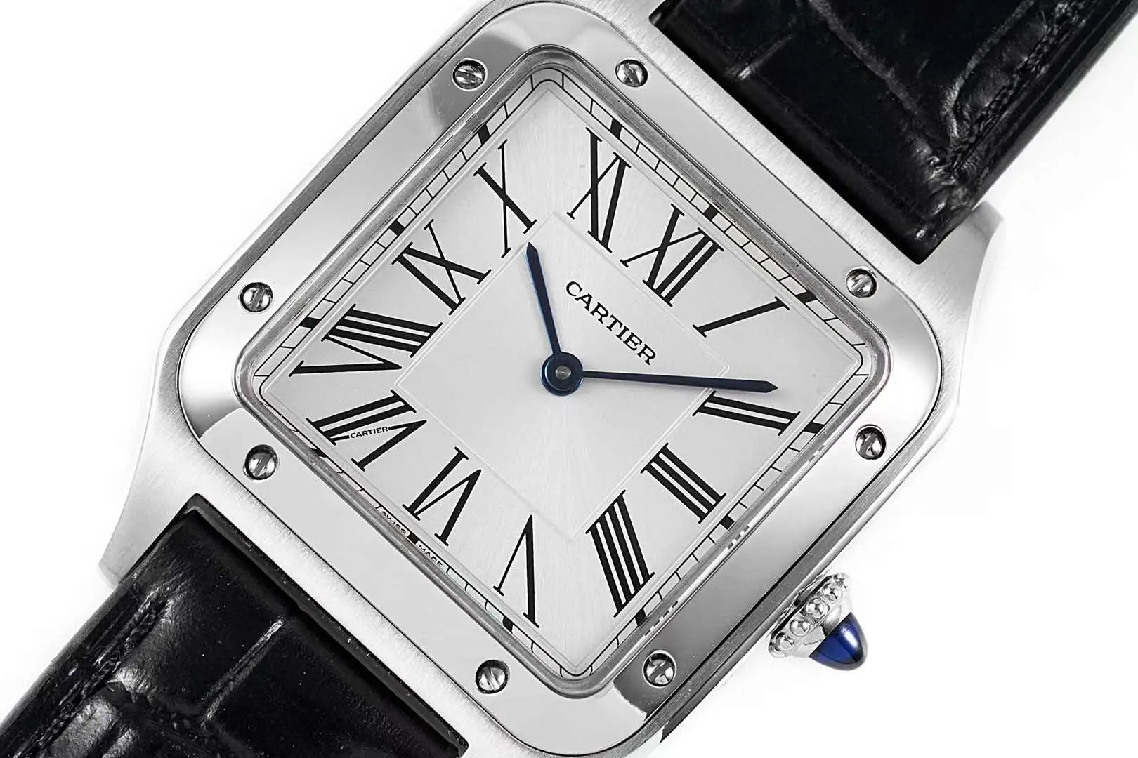 Santos-Dumont weißes Zifferblatt in Stahl am schwarzen Lederarmband – Bild 5