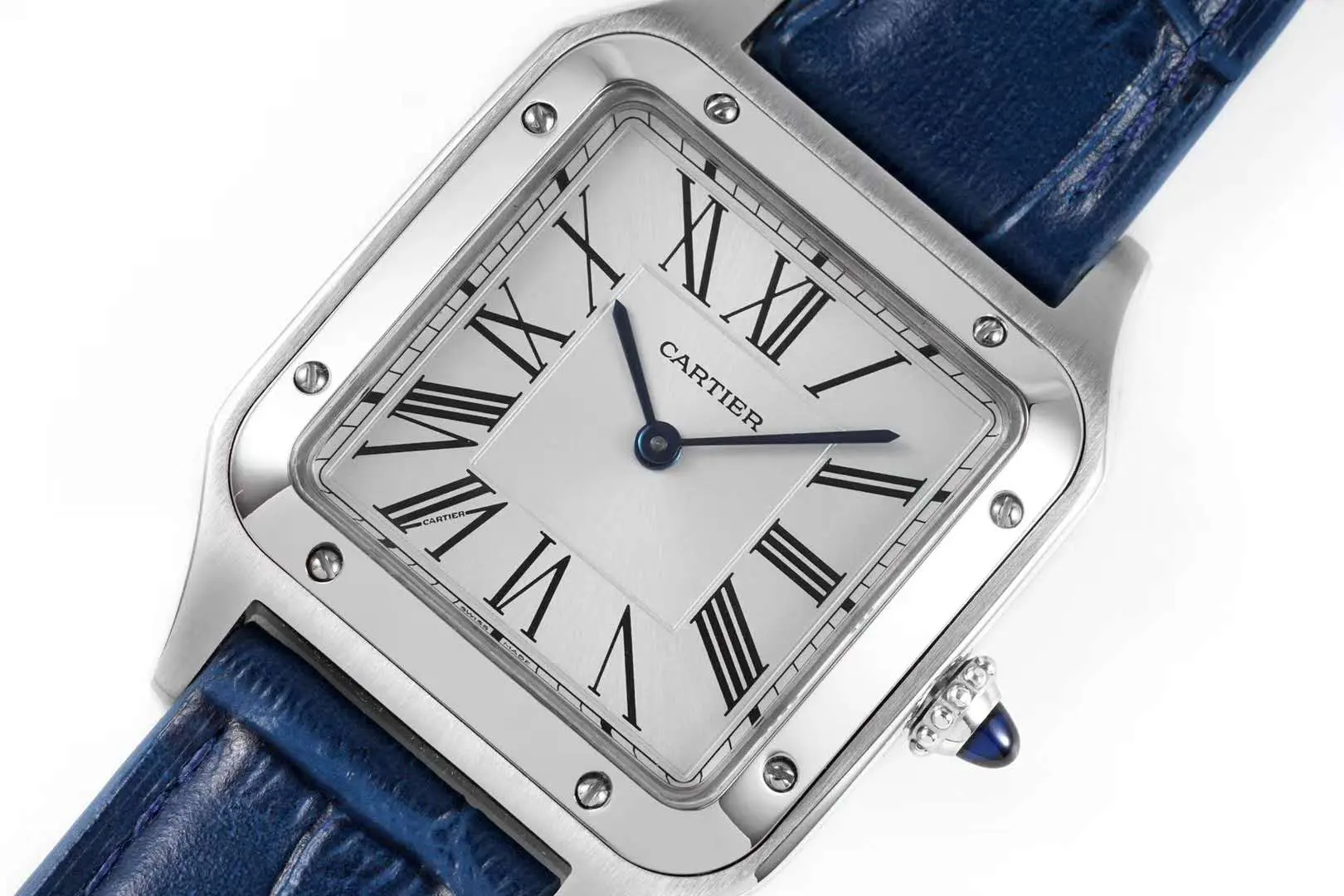 Santos-Dumont quadrante bianco in acciaio su cinturino in pelle blu - immagine 3