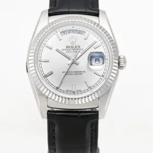 Day-Date 40 Silver Dial in White Gold on Leather Strap