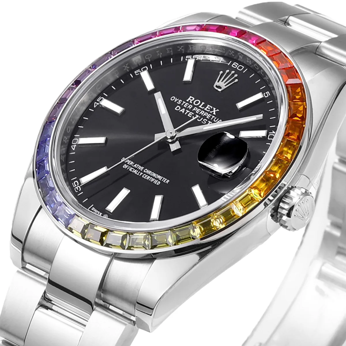 Datejust 41 schwarzes Zifferblatt Strichindizes mit Regenbogen-Diamantlünette in Stahl am Oyster-Armband – Bild 2