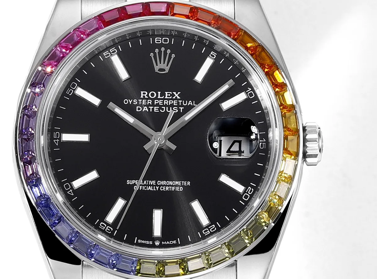 Datejust 41 schwarzes Zifferblatt Strichindizes mit Regenbogen-Diamantlünette in Stahl am Oyster-Armband – Bild 6