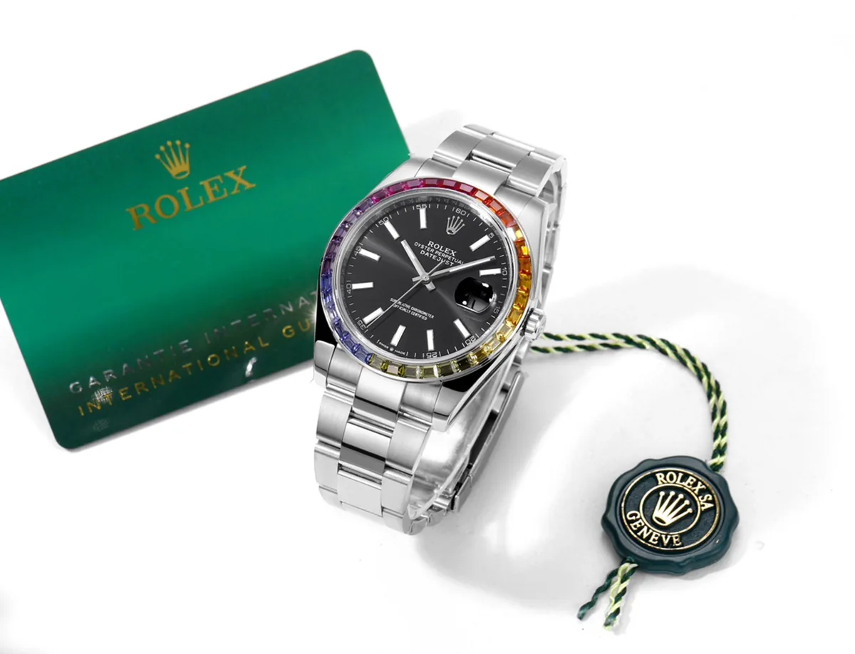 Datejust 41 schwarzes Zifferblatt Strichindizes mit Regenbogen-Diamantlünette in Stahl am Oyster-Armband – Bild 9