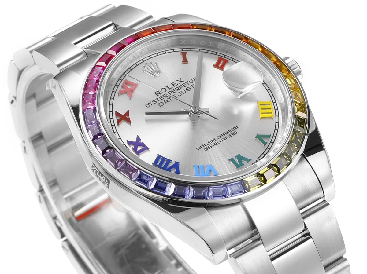 Datejust 41 quadrante argento numeri romani con lunetta con diamanti arcobaleno in acciaio su bracciale Oyster - immagine 3