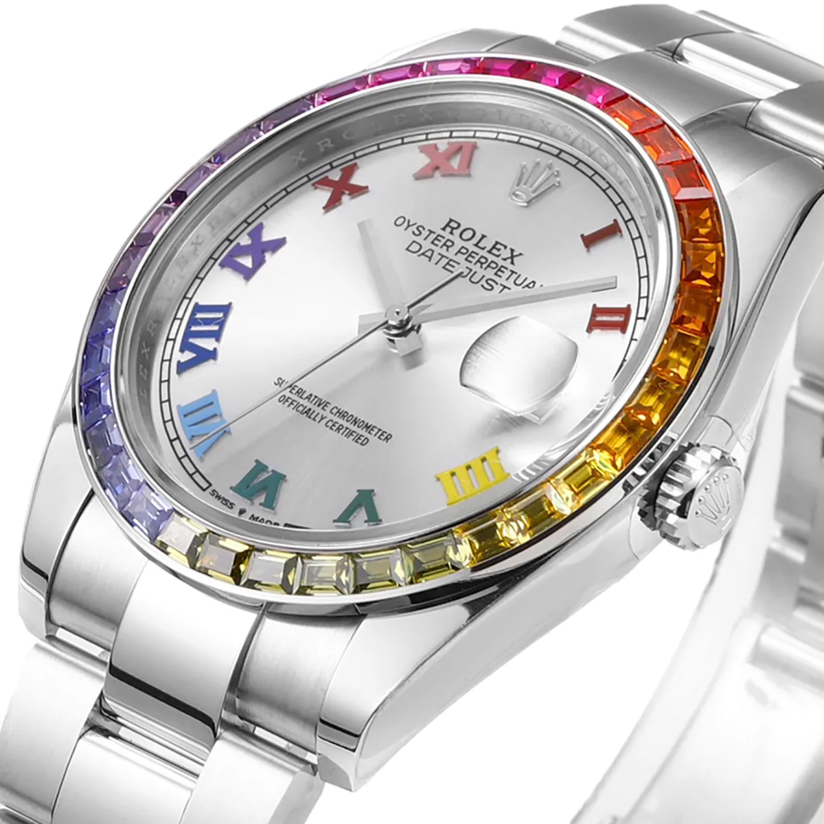 Datejust 41 quadrante argento numeri romani con lunetta con diamanti arcobaleno in acciaio su bracciale Oyster - immagine 2