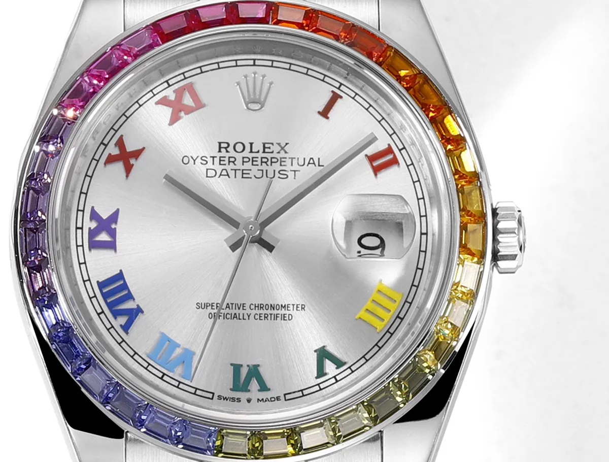 Datejust 41 quadrante argento numeri romani con lunetta con diamanti arcobaleno in acciaio su bracciale Oyster - immagine 6