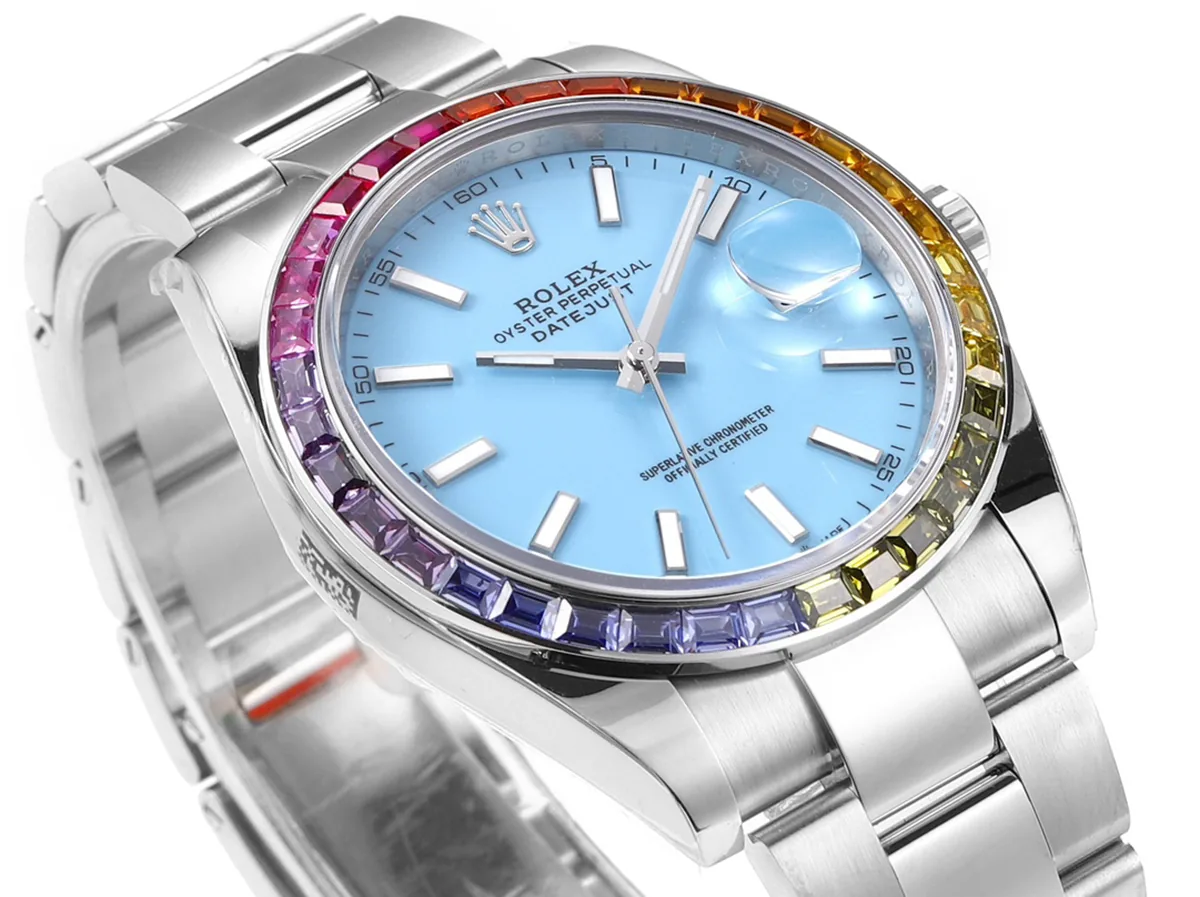 Datejust 41 Tiffany-blaues Zifferblatt Strichindizes mit Regenbogen-Diamantlünette in Stahl am Oyster-Armband – Bild 3