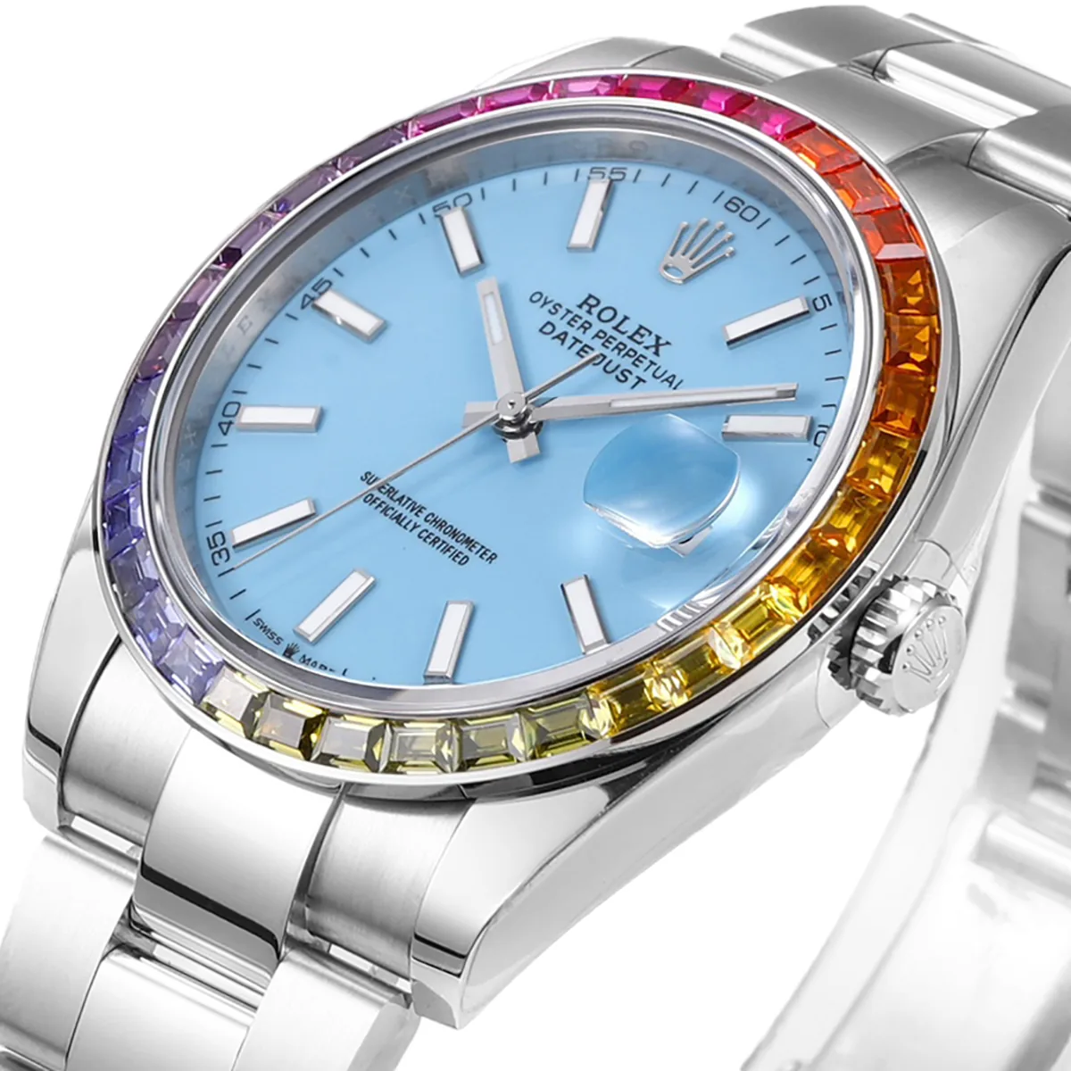 Datejust 41 Tiffany-blaues Zifferblatt Strichindizes mit Regenbogen-Diamantlünette in Stahl am Oyster-Armband – Bild 2