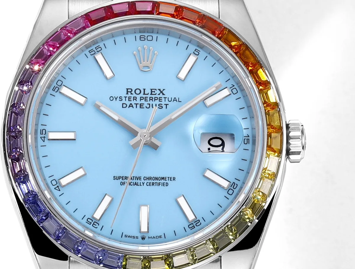 Datejust 41 Tiffany-blaues Zifferblatt Strichindizes mit Regenbogen-Diamantlünette in Stahl am Oyster-Armband – Bild 6