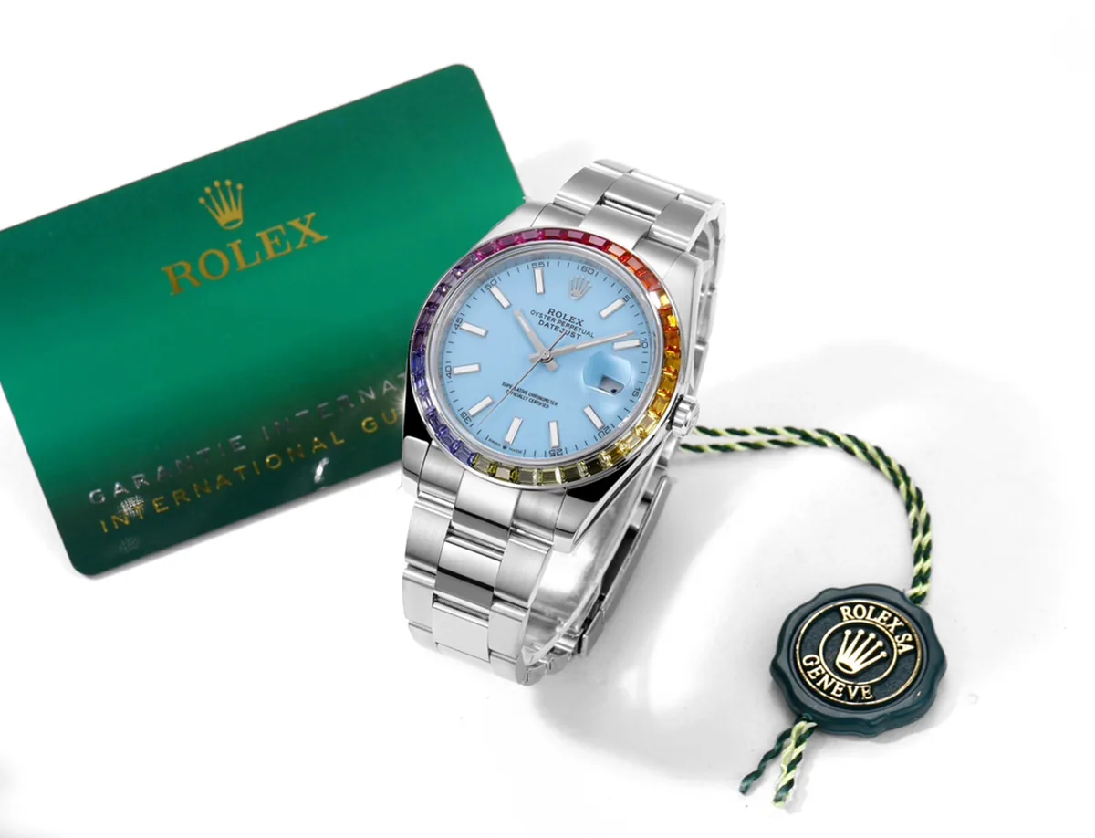 Datejust 41 Tiffany-blaues Zifferblatt Strichindizes mit Regenbogen-Diamantlünette in Stahl am Oyster-Armband – Bild 9