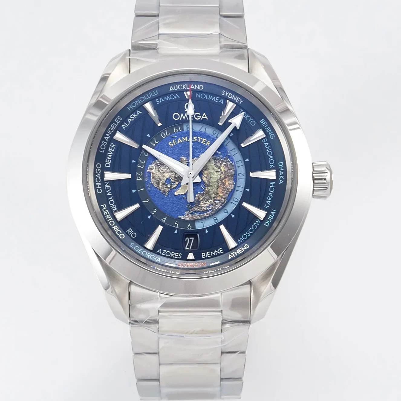 Aqua Terra 150M 43mm Worldtimer 24 VSF 1:1 Best Edition Blue Dial on SS Bracelet A8938 Super Clone