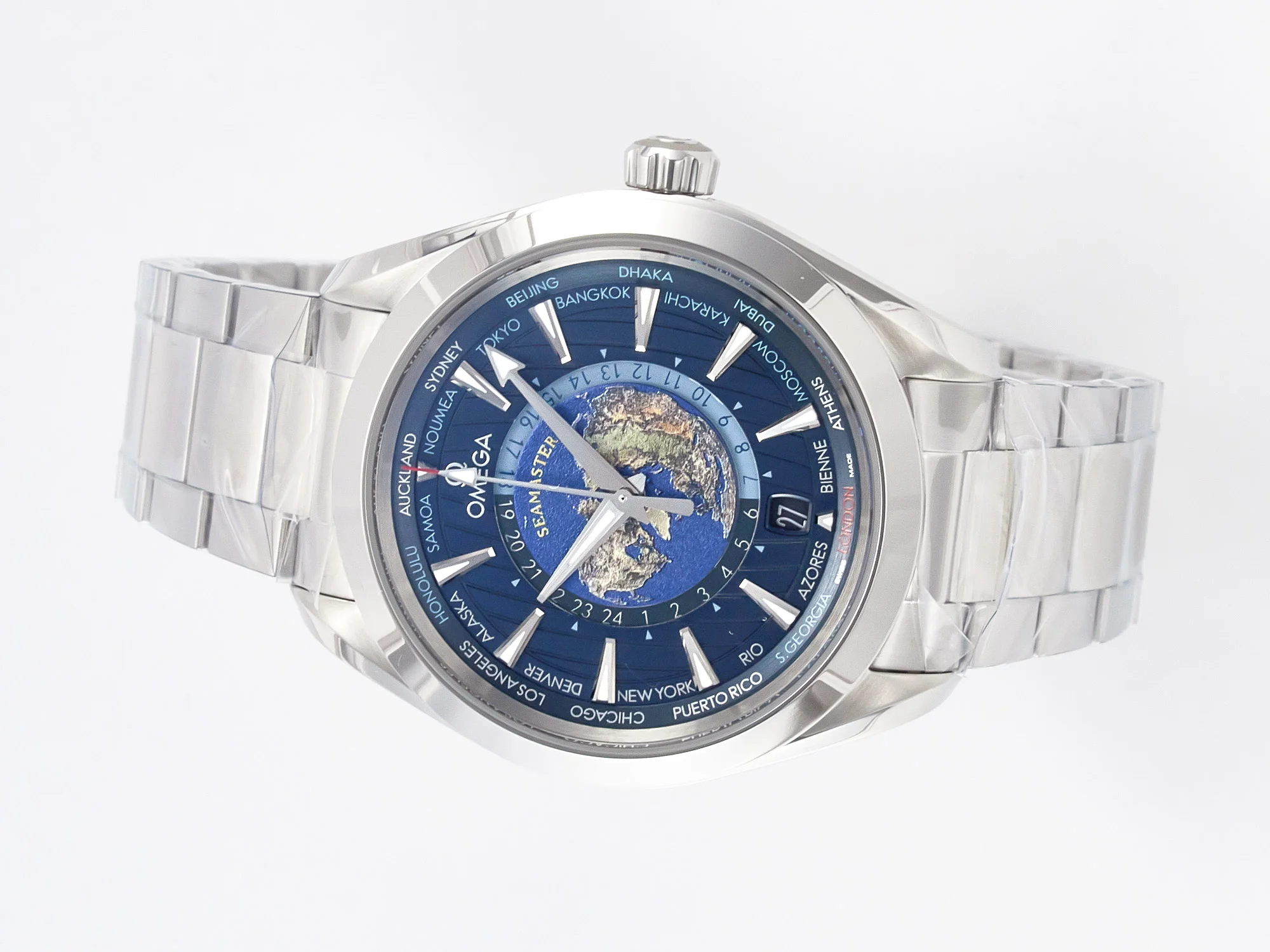 Aqua Terra 150M 43mm Worldtimer 24 VSF 1:1 Best Edition Blue Dial on SS Bracelet A8938 Super Clone