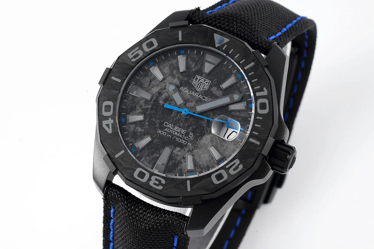 Aquaracer Calibre 5 Carbon Dial with Blue Tachymeter
