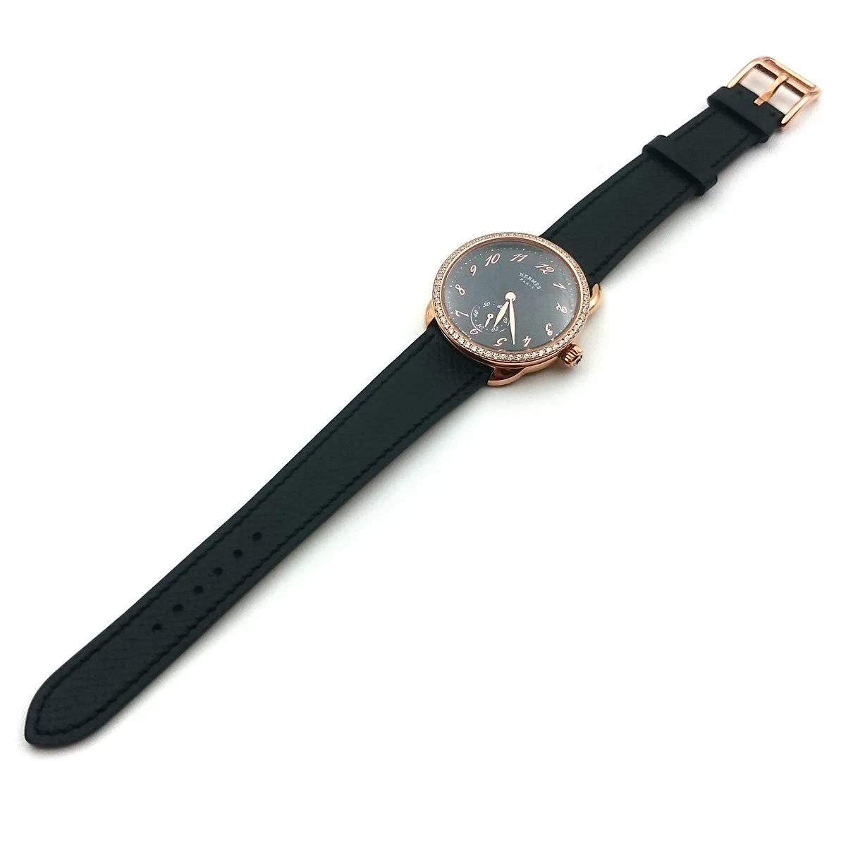 Arceau Petite Rose Gold with Diamond Bezel Black Dial on Black Fjord Leather Strap