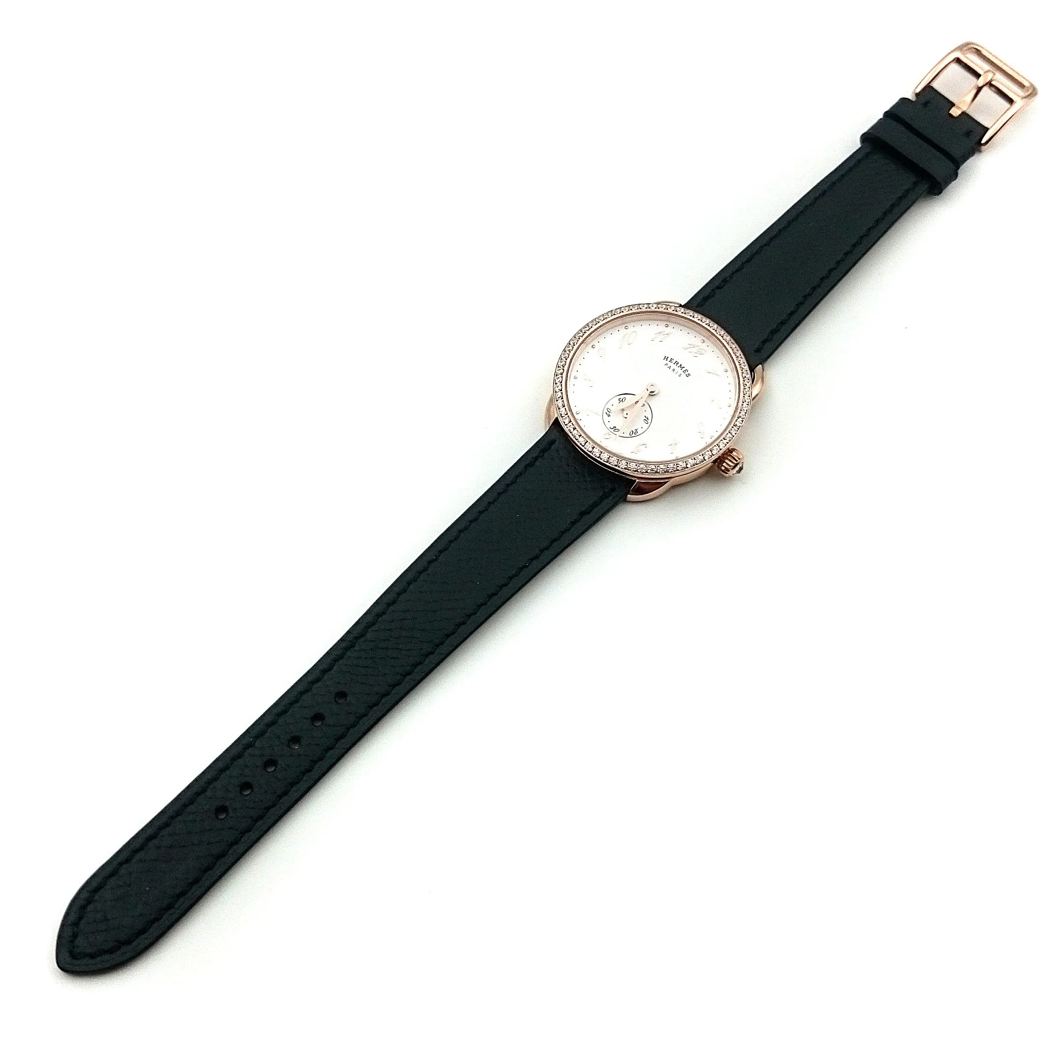 Arceau Petite Rose Gold with Diamond Bezel on Black Epsom Leather Strap