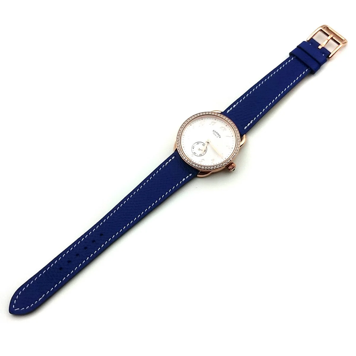 Arceau Petite Rose Gold with Diamond Bezel on Blue Epsom Leather Strap