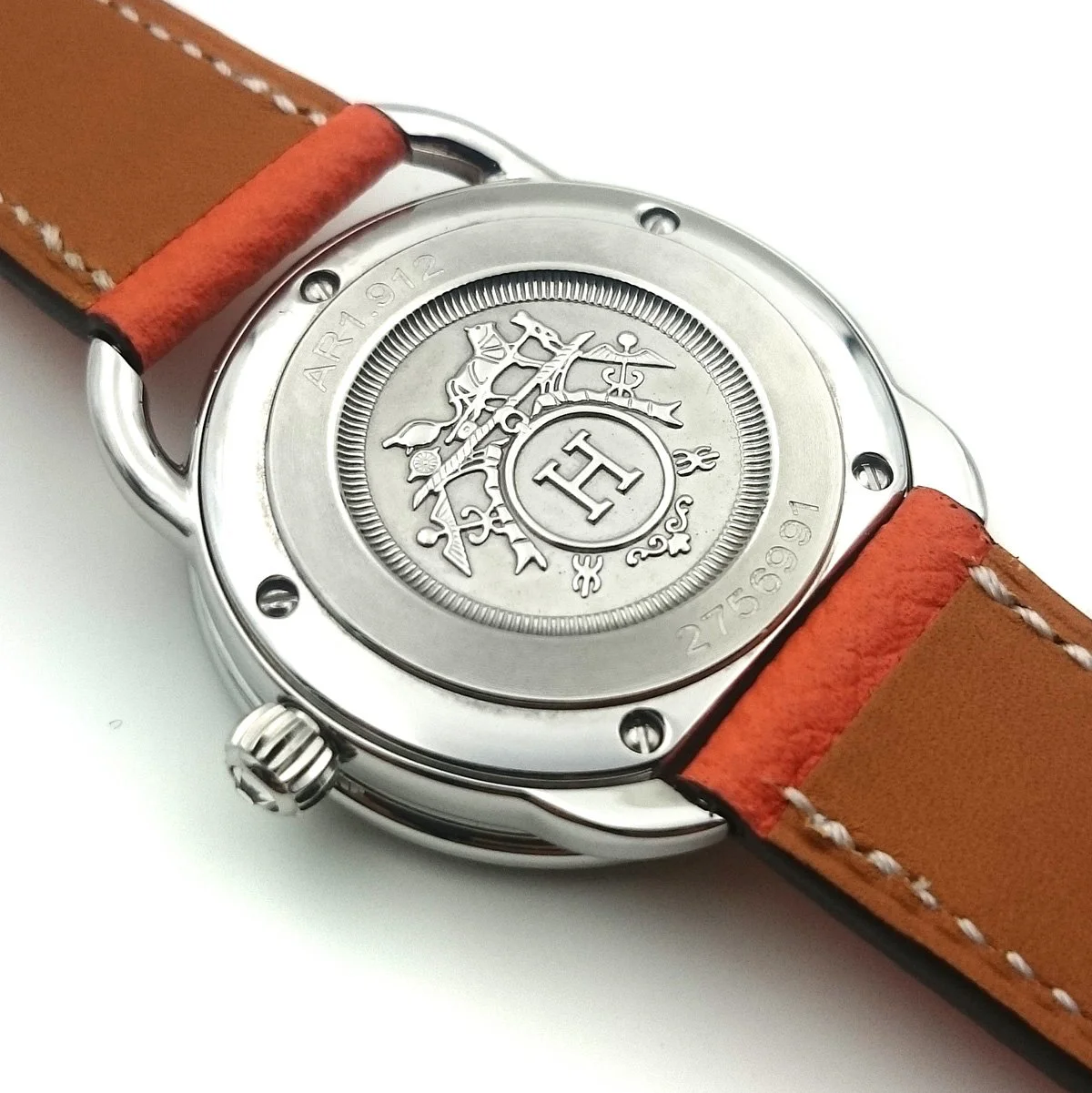 Arceau Petite Steel with Diamond Bezel on Orange Epsom Leather Strap