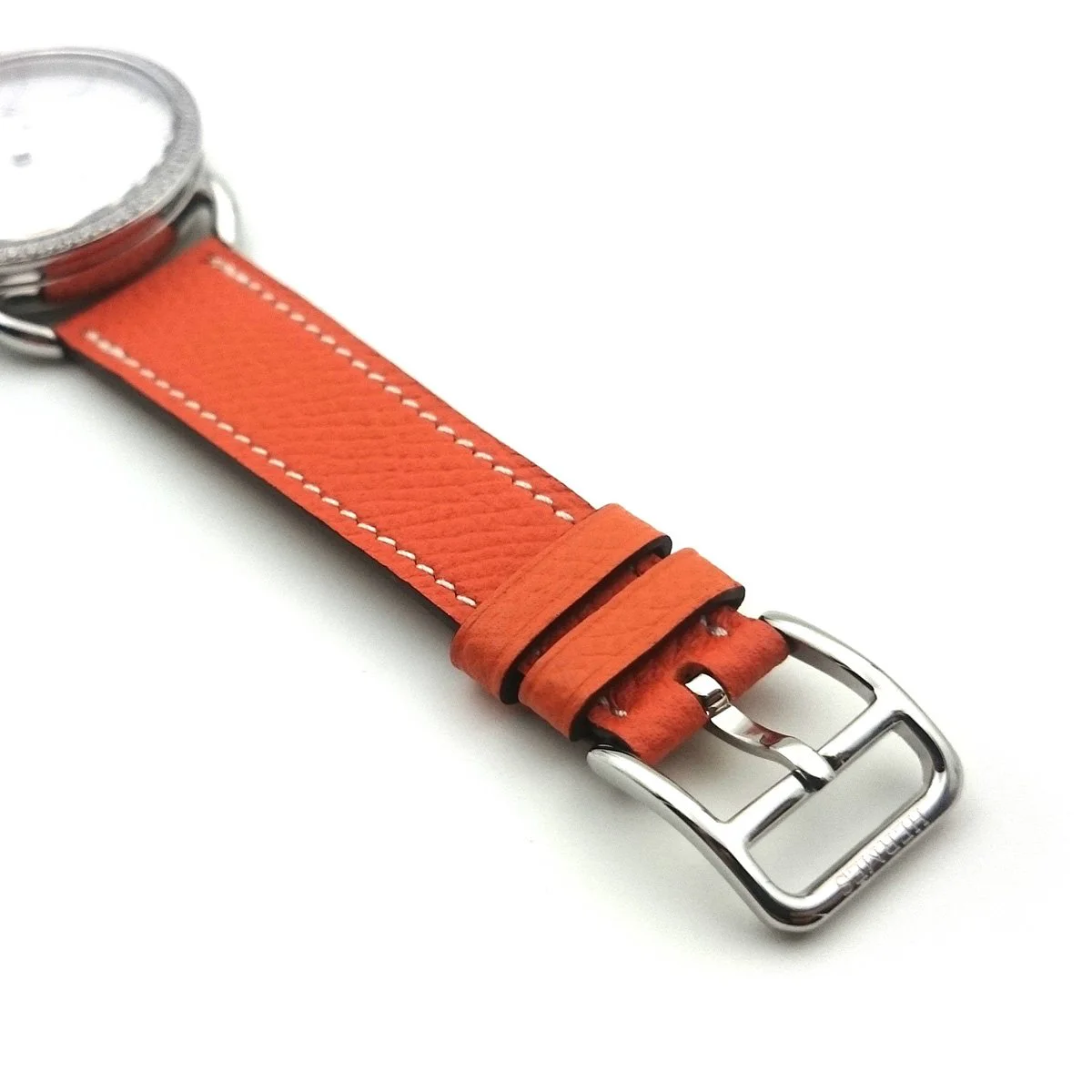 Arceau Petite Steel with Diamond Bezel on Orange Epsom Leather Strap