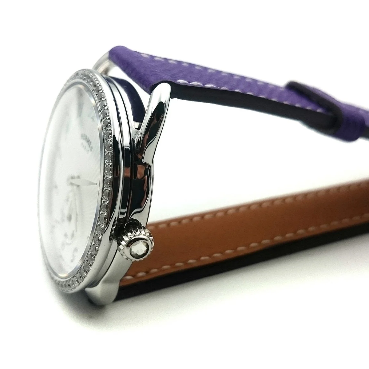 Arceau Petite Steel with Diamond Bezel on Purple Epsom Leather Strap