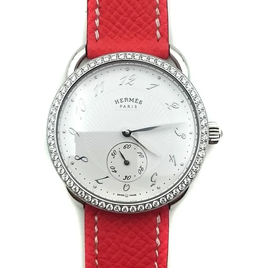 Arceau Petite Steel with Diamond Bezel on Vermilion Epsom Leather Strap