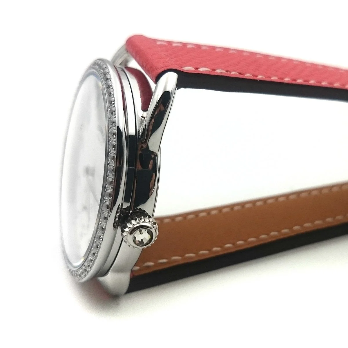 Arceau Petite Steel with Diamond Bezel on Vermilion Epsom Leather Strap