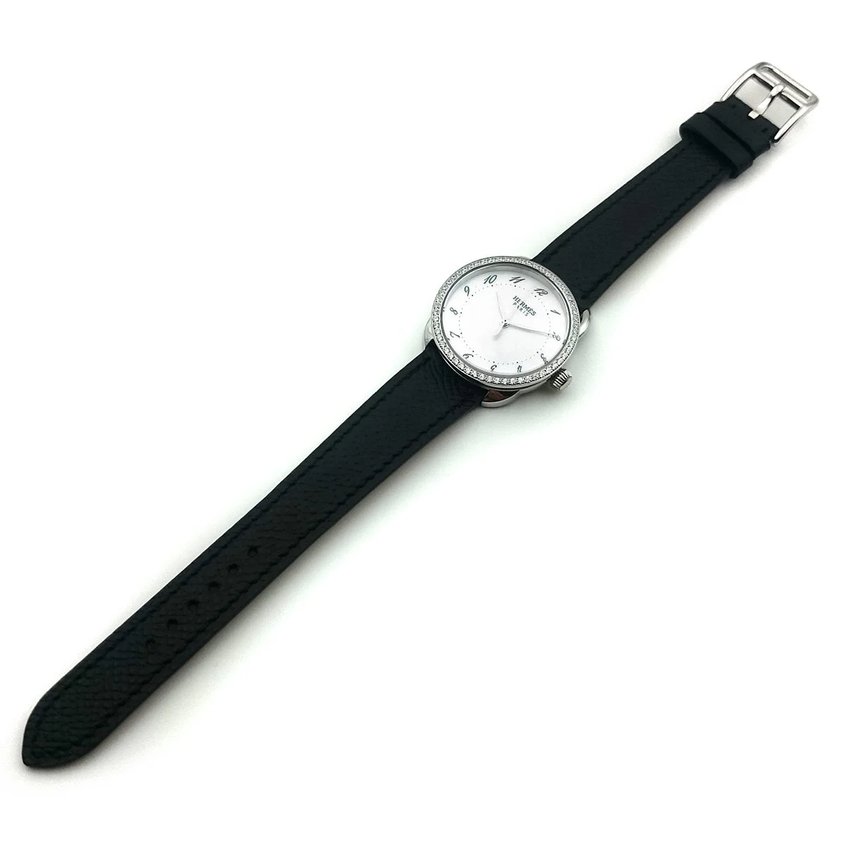 Arceau Steel with Diamond Bezel on Black Epsom Leather Strap