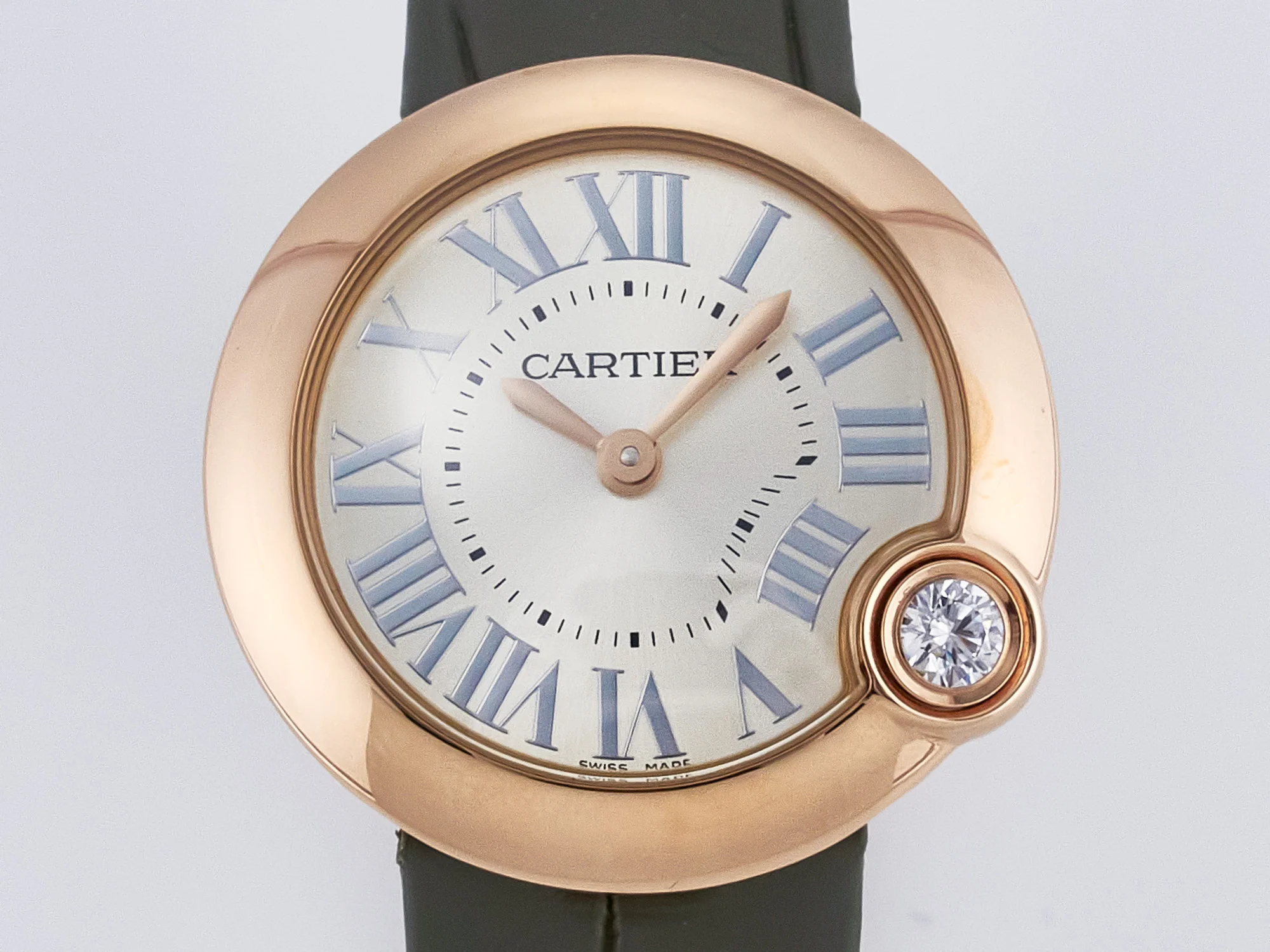 Ballon Blanc De Cartier 30mm RG DRF 1:1 Best Edition Silvered Texture Dial on Green Leather Strap Ronda Quartz