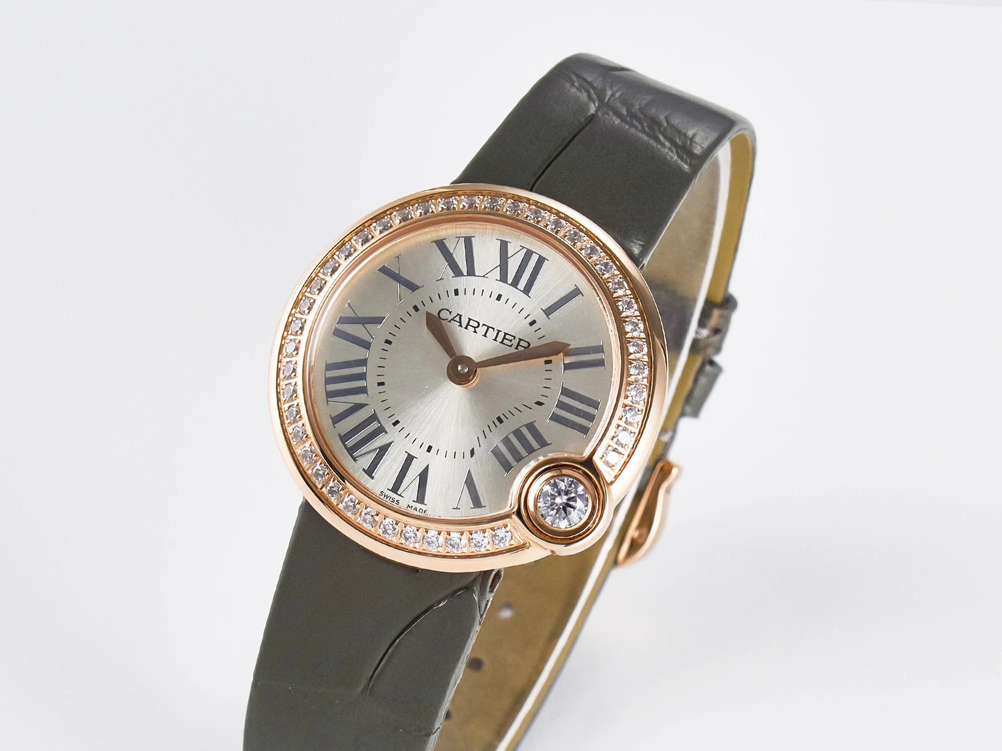 Ballon Blanc De Cartier 30mm RG DRF 1:1 Best Edition Silvered Texture Dial Diamonds Bezel on Green Leather Strap Ronda Quartz