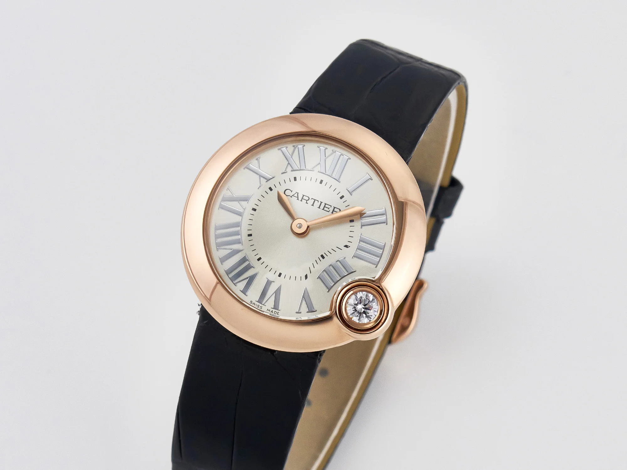 Ballon Blanc De Cartier 30mm RG DRF 1:1 Best Edition Silvered Texture Dial on Black Leather Strap Ronda Quartz