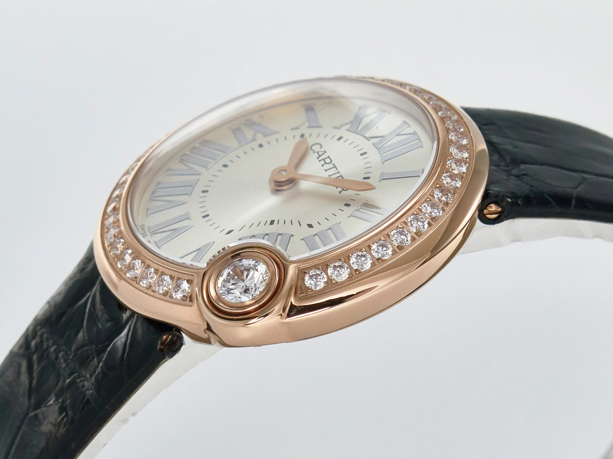 Ballon Blanc De Cartier 30mm RG DRF 1:1 Best Edition Silvered Texture Dial Diamonds Bezel on Black Leather Strap Ronda Quartz
