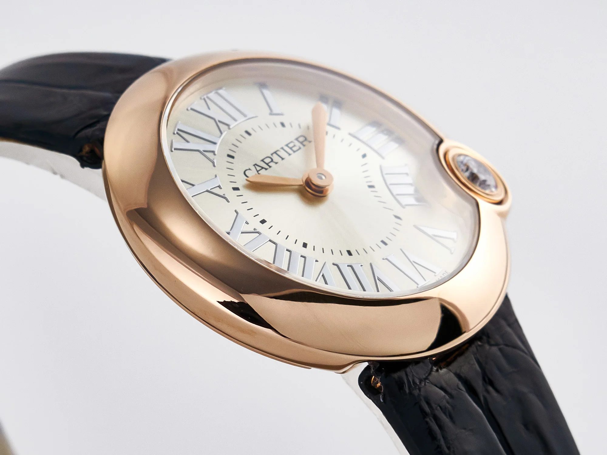 Ballon Blanc De Cartier 30mm RG DRF 1:1 Best Edition Silvered Texture Dial on Black Leather Strap Ronda Quartz