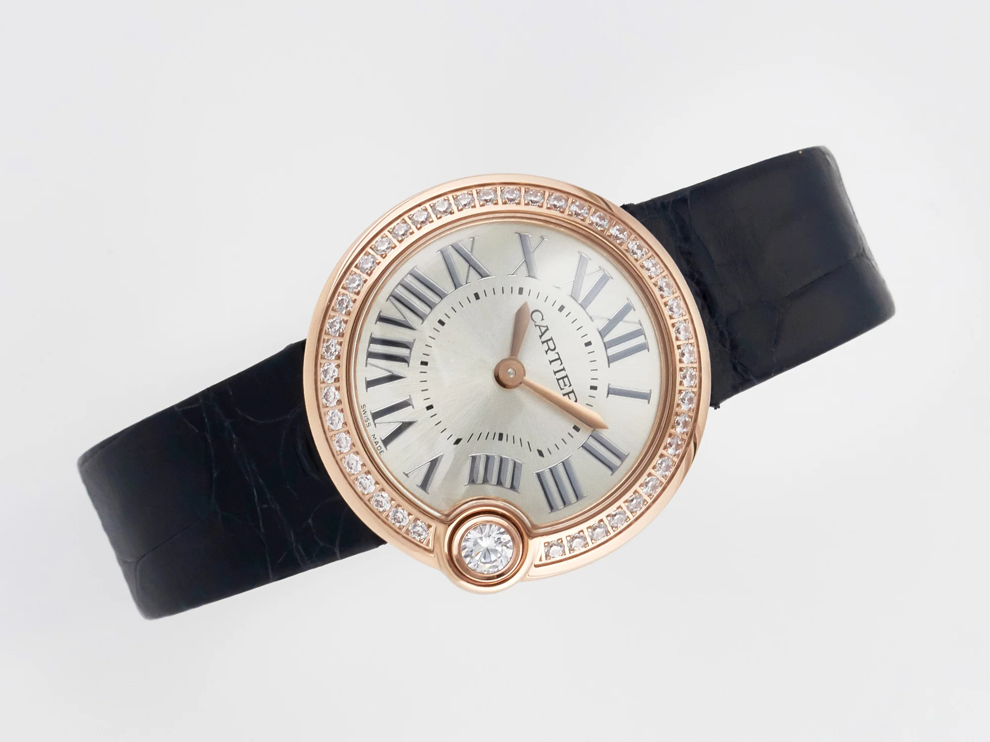 Ballon Blanc De Cartier 30mm RG DRF 1:1 Best Edition Silvered Texture Dial Diamonds Bezel on Black Leather Strap Ronda Quartz