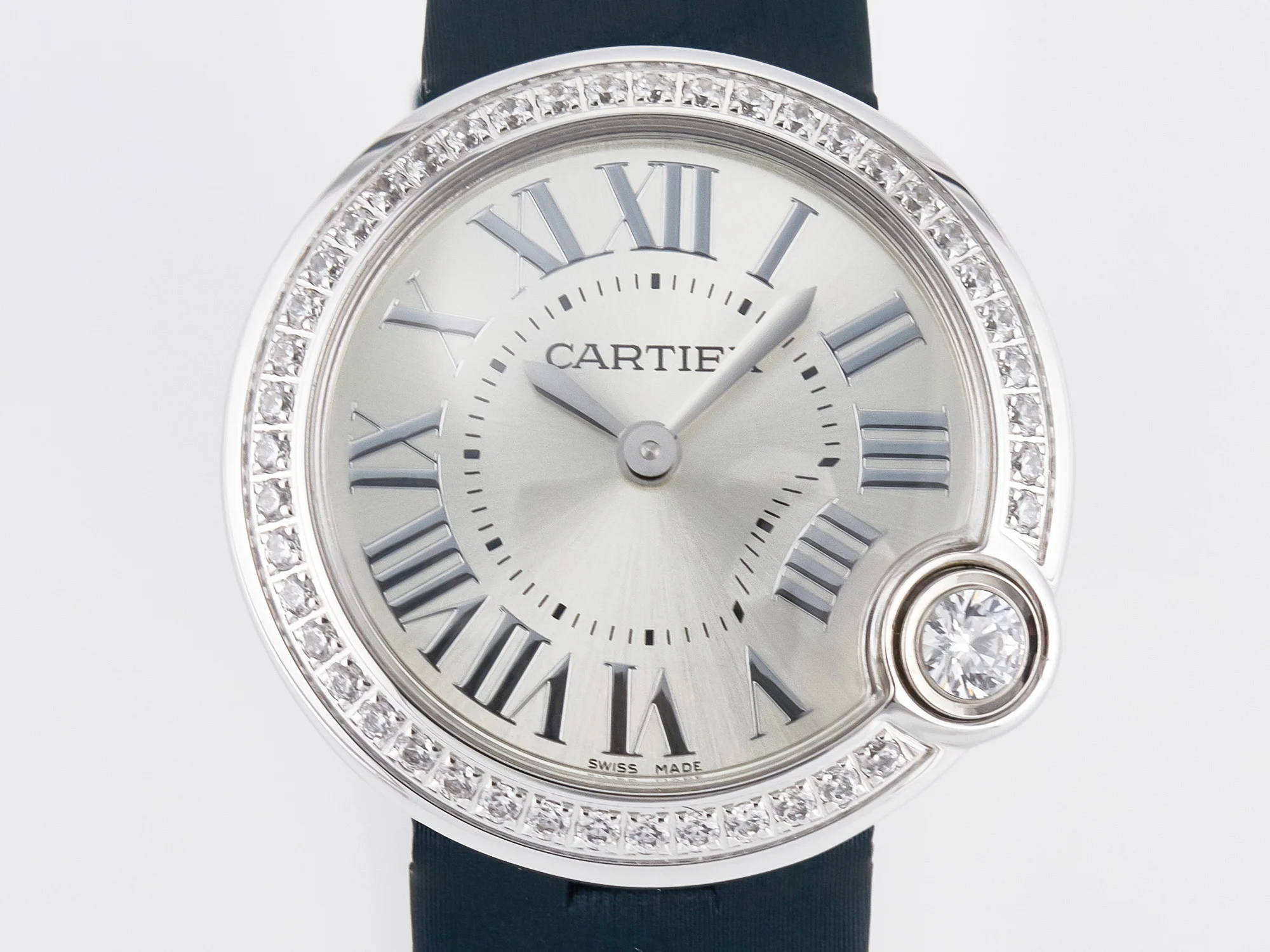 Ballon Blanc De Cartier 30mm SS DRF 1:1 Best Edition Silvered Texture Dial Diamonds Bezel on Blue Calfskin Strap Ronda Quartz