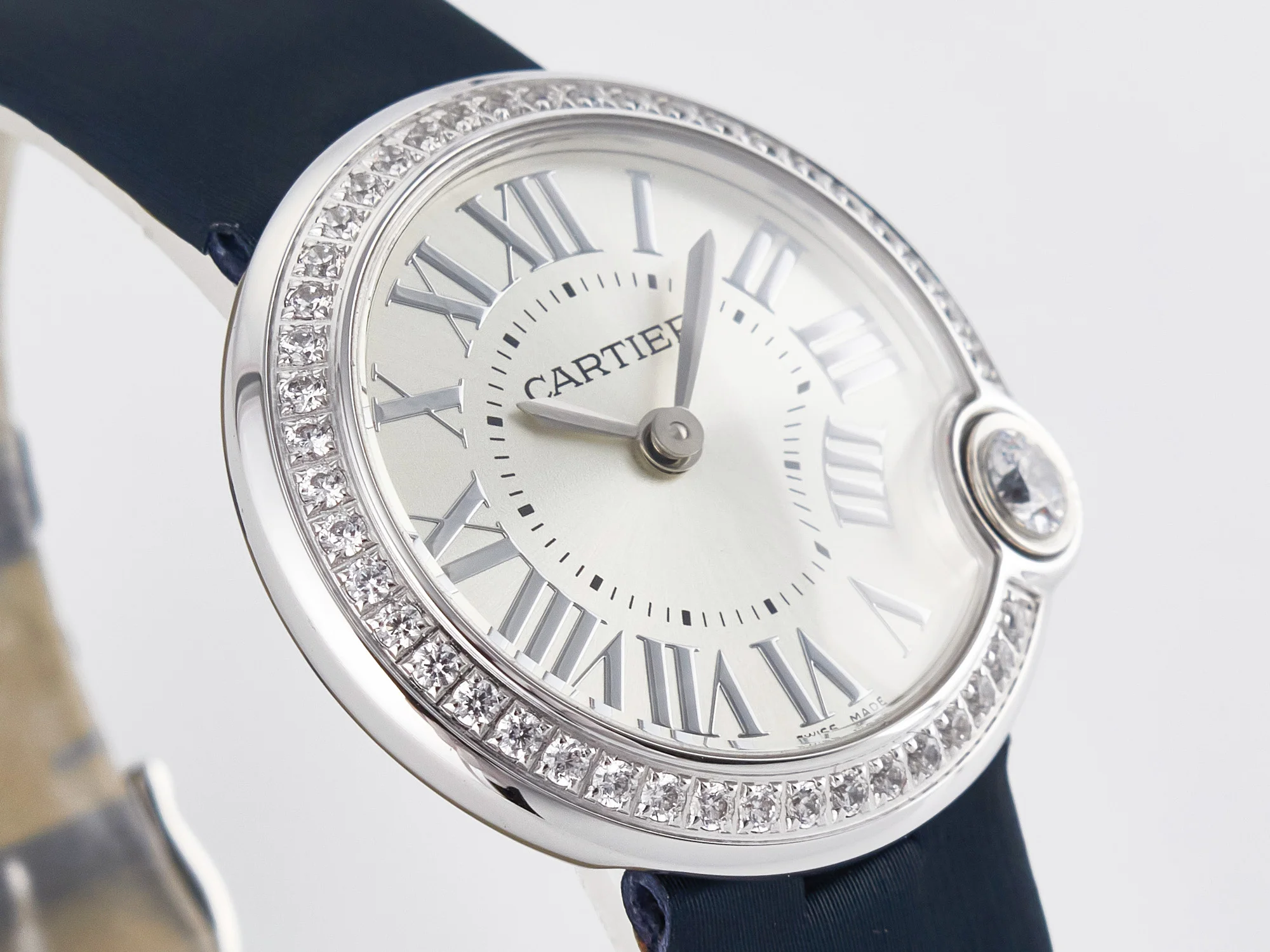 Ballon Blanc De Cartier 30mm SS DRF 1:1 Best Edition Silvered Texture Dial Diamonds Bezel on Blue Calfskin Strap Ronda Quartz