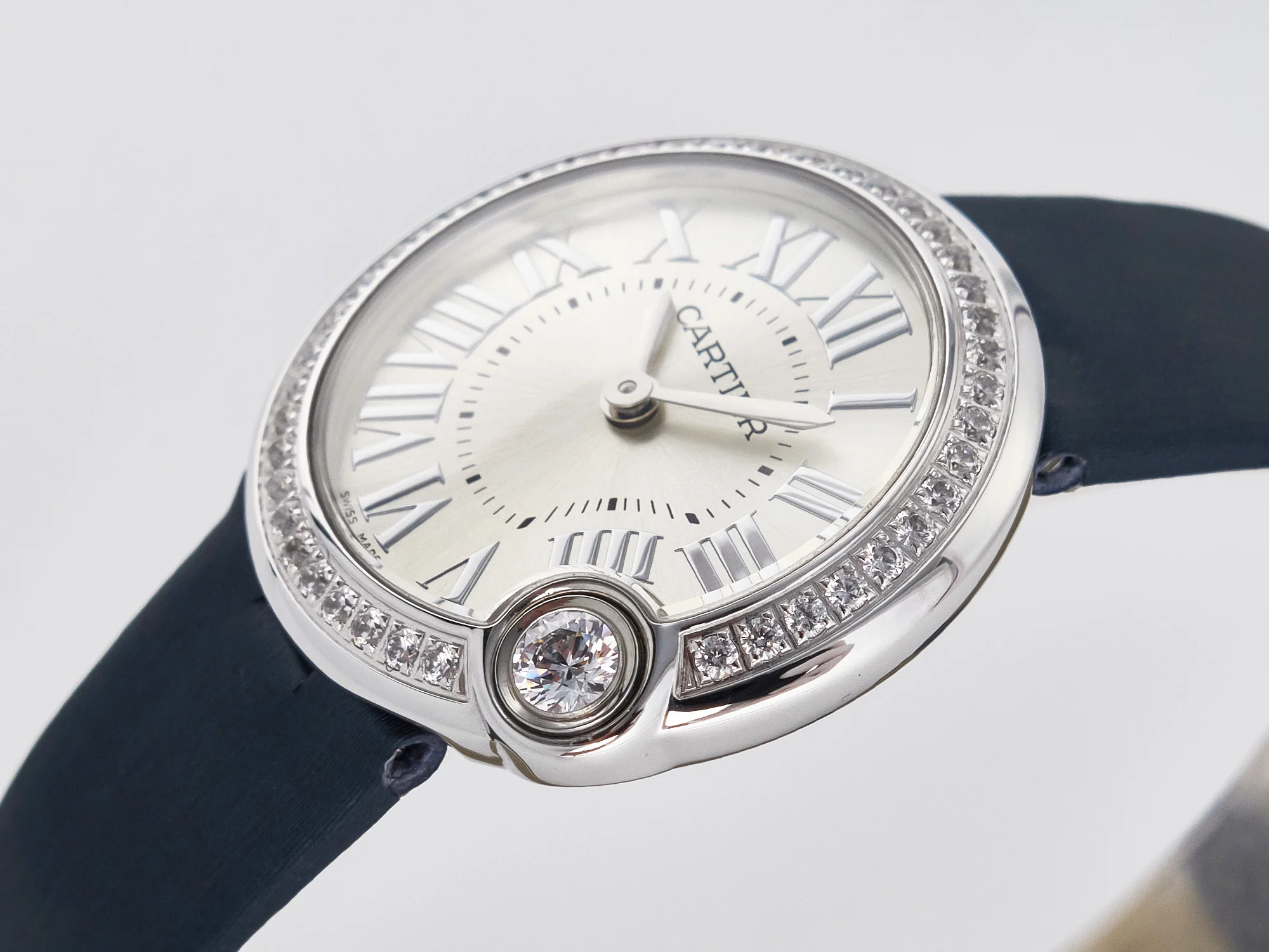 Ballon Blanc De Cartier 30mm SS DRF 1:1 Best Edition Silvered Texture Dial Diamonds Bezel on Blue Calfskin Strap Ronda Quartz